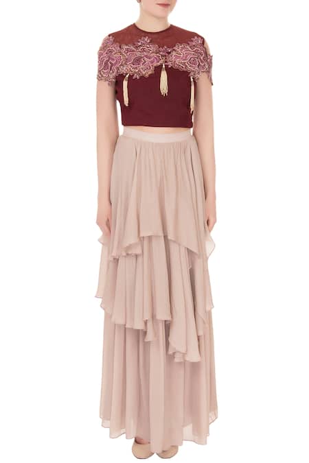 Shop_Nidzign Couture_Red Crepe Georgette Round Embellished Crop Top And Skirt Set _Online_at_Aza_Fashions