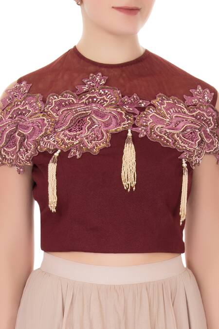 Nidzign Couture_Red Crepe Georgette Round Embellished Crop Top And Skirt Set _at_Aza_Fashions