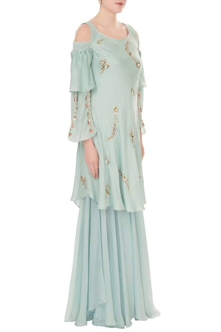 Nidzign Couture_Blue Silk Floral Motifs U Neck Embellished Tiered Gown _Online_at_Aza_Fashions