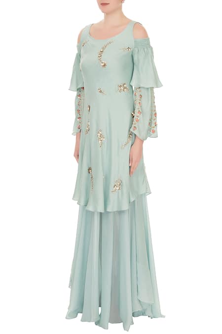 Buy_Nidzign Couture_Blue Silk Floral Motifs U Neck Embellished Tiered Gown _Online_at_Aza_Fashions