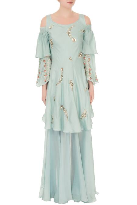 Shop_Nidzign Couture_Blue Silk Floral Motifs U Neck Embellished Tiered Gown _Online_at_Aza_Fashions