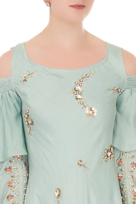 Nidzign Couture_Blue Silk Floral Motifs U Neck Embellished Tiered Gown _at_Aza_Fashions