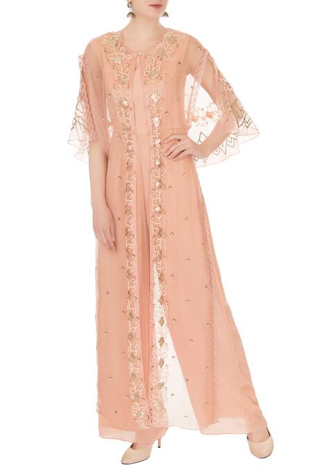 Nidzign Couture Peach Crepe Georgette Organza Round Jumpsuit With Embroidered Cape For Women