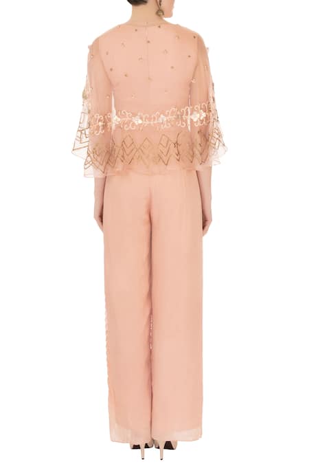 Shop_Nidzign Couture_Peach Crepe Georgette Organza Round Jumpsuit With Embroidered Cape _at_Aza_Fashions