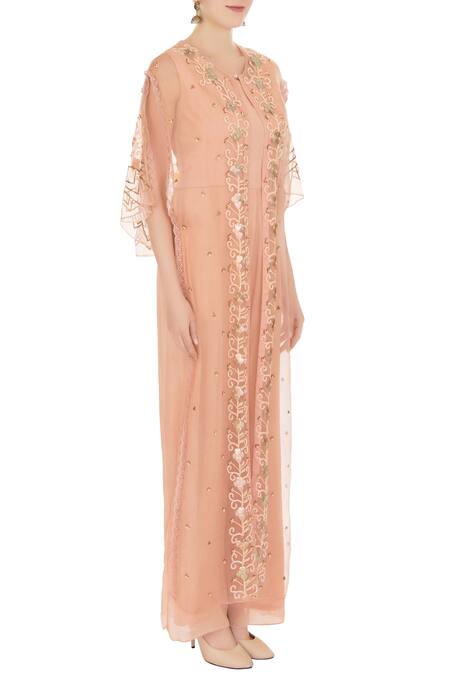 Nidzign Couture_Peach Crepe Georgette Organza Round Jumpsuit With Embroidered Cape _Online_at_Aza_Fashions