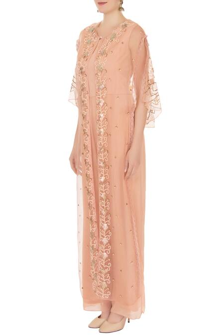 Buy_Nidzign Couture_Peach Crepe Georgette Organza Round Jumpsuit With Embroidered Cape _Online_at_Aza_Fashions