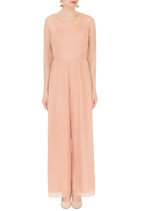 Shop_Nidzign Couture_Peach Crepe Georgette Organza Round Jumpsuit With Embroidered Cape _Online_at_Aza_Fashions