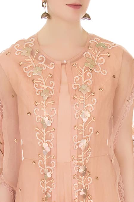 Nidzign Couture_Peach Crepe Georgette Organza Round Jumpsuit With Embroidered Cape _at_Aza_Fashions
