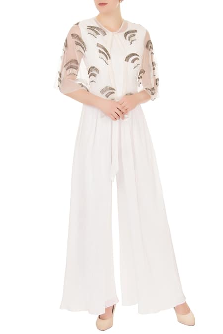 Nidzign Couture White Crepe Georgette Round Embellished Jumpsuit With Cape For Women