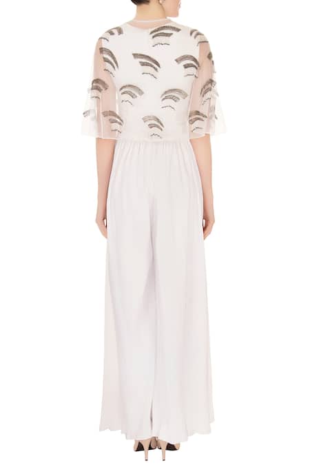 Shop_Nidzign Couture_White Crepe Georgette Round Embellished Jumpsuit With Cape _at_Aza_Fashions