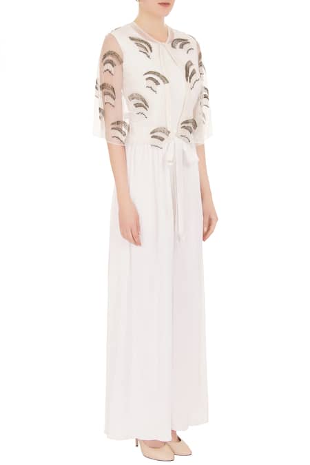Nidzign Couture_White Crepe Georgette Round Embellished Jumpsuit With Cape _Online_at_Aza_Fashions