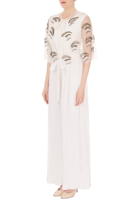 Buy_Nidzign Couture_White Crepe Georgette Round Embellished Jumpsuit With Cape _Online_at_Aza_Fashions