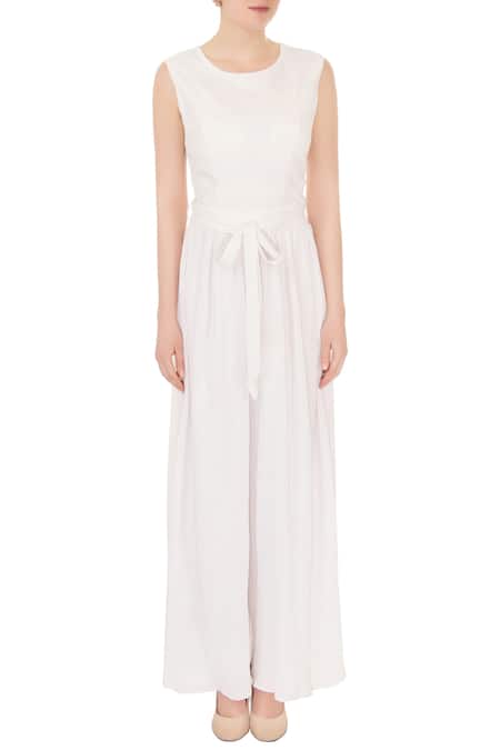 Shop_Nidzign Couture_White Crepe Georgette Round Embellished Jumpsuit With Cape _Online_at_Aza_Fashions
