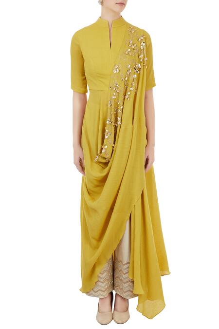 Shop Shruti Ranka Yellow Draped Anarkali Set Online at Aza Fashions Shop_Shruti Ranka_Yellow Draped Anarkali Set_Online_at_Aza_Fashions