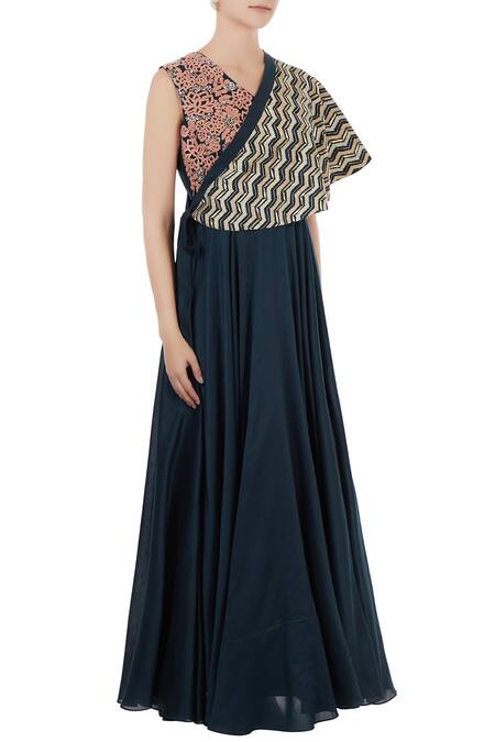 Shruti Ranka_Blue Chanderi Embroidered Thread V Neck Anarkali With Cape_Online_at_Aza_Fashions