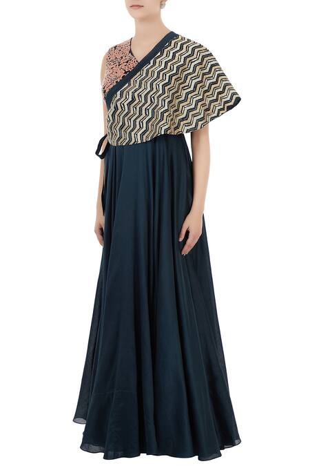 Buy_Shruti Ranka_Blue Chanderi Embroidered Thread V Neck Anarkali With Cape_Online_at_Aza_Fashions