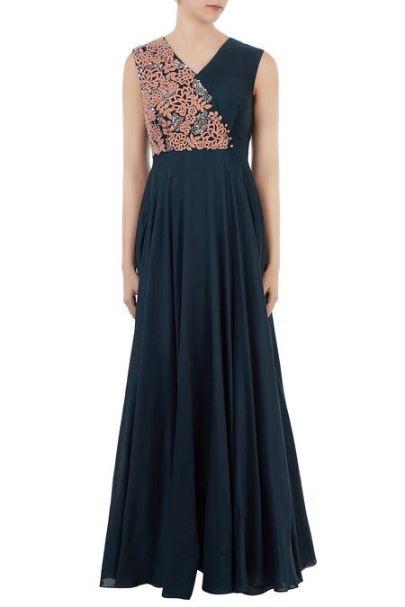 Shop_Shruti Ranka_Blue Chanderi Embroidered Thread V Neck Anarkali With Cape_Online_at_Aza_Fashions