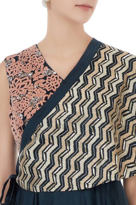 Shruti Ranka_Blue Chanderi Embroidered Thread V Neck Anarkali With Cape_at_Aza_Fashions