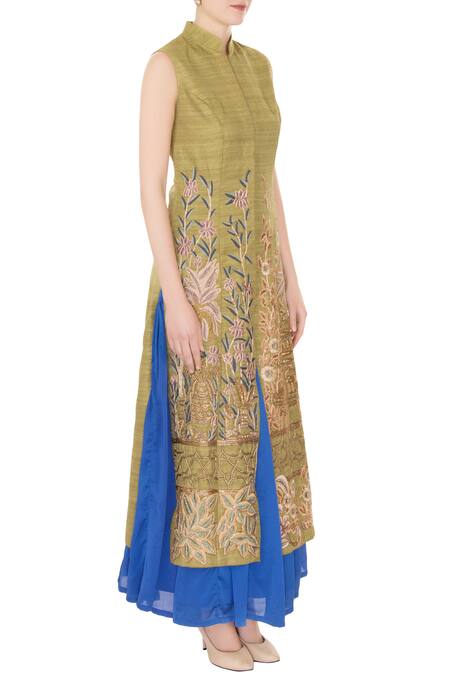 Aharin India Blue Mandarin Collar Embroidered Kurta Set Online at Aza Fashions Aharin India_Blue Mandarin Collar Embroidered Kurta Set _Online_at_Aza_Fashions