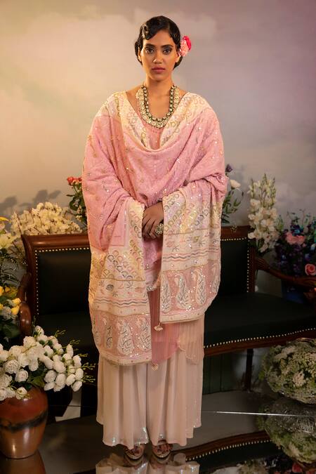 Ruh Clothing_Pink Georgette Bead , Chikankari, Sequins, Stone Round Sharara Set _Online_at_Aza_Fashions
