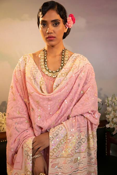 Buy_Ruh Clothing_Pink Georgette Bead , Chikankari, Sequins, Stone Round Sharara Set _Online_at_Aza_Fashions