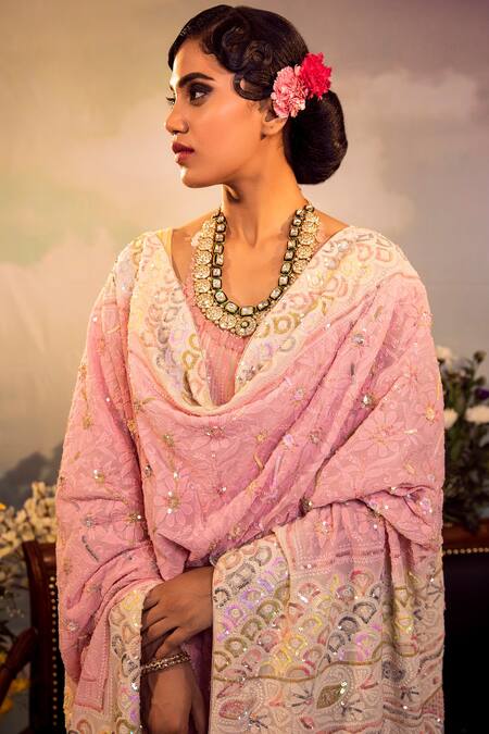 Shop_Ruh Clothing_Pink Georgette Bead , Chikankari, Sequins, Stone Round Sharara Set _Online_at_Aza_Fashions