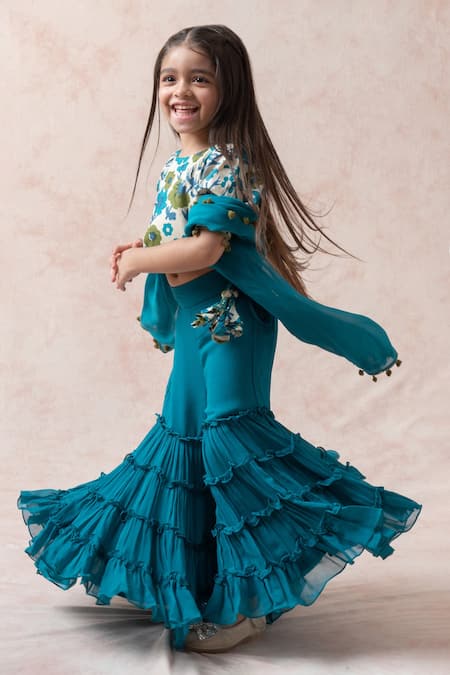 Buy_Thetaa_Blue Tussar, Voile, Viscose Pom-poms Floral Print Blouse Gharara Set _Online_at_Aza_Fashions