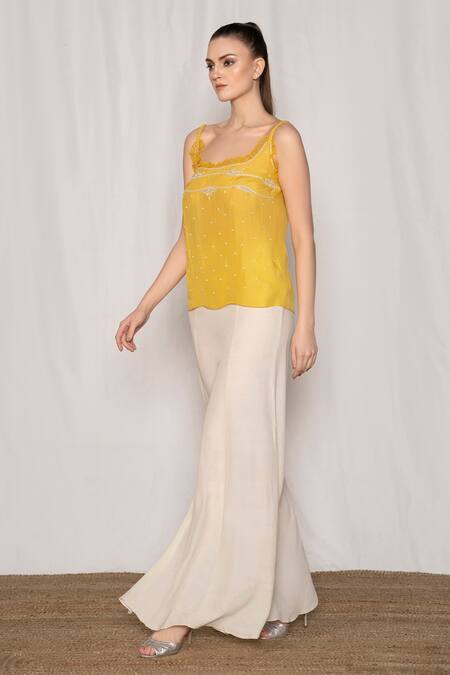 Buy Amrta By Guneet Kondal Yellow Viscose Pearls, Beads, Zari Scoop Neck Embroidered Top And Flared Pant Set Online at Aza Fashions Buy_Amrta By Guneet Kondal_Yellow Viscose Pearls, Beads, Zari Scoop Neck Embroidered Top And Flared Pant Set _Online_at_Aza_Fashions