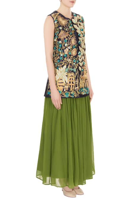 Aharin India_Blue Round Embroidered Silk Kurta And Lehenga Set _Online_at_Aza_Fashions