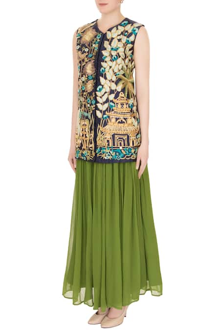 Buy_Aharin India_Blue Round Embroidered Silk Kurta And Lehenga Set _Online_at_Aza_Fashions
