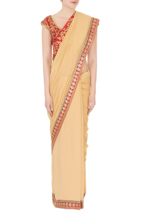 Aharin India Gold Silk, Crepe Leaf Neck Saree With Embroidered Blouse Online at Aza Fashions Aharin India_Gold Silk, Crepe Leaf Neck Saree With Embroidered Blouse _Online_at_Aza_Fashions