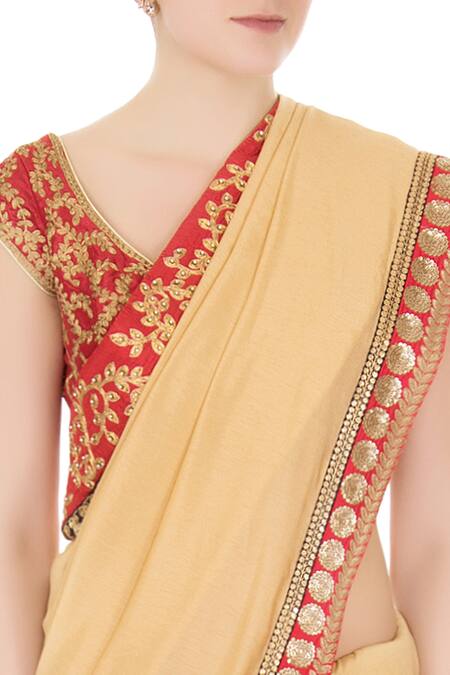 Buy Aharin India Gold Silk, Crepe Leaf Neck Saree With Embroidered Blouse Online at Aza Fashions Buy_Aharin India_Gold Silk, Crepe Leaf Neck Saree With Embroidered Blouse _Online_at_Aza_Fashions