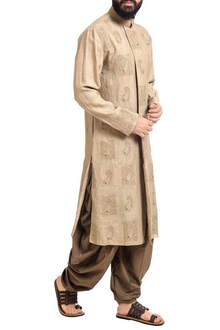 Poonam Kasera_Beige Linen Embroidered Paisley Motifs Kurta And Churidar_Online_at_Aza_Fashions