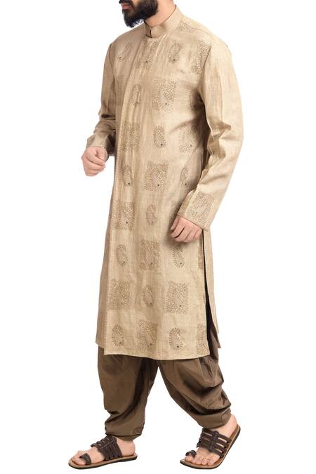 Buy_Poonam Kasera_Beige Linen Embroidered Paisley Motifs Kurta And Churidar_Online_at_Aza_Fashions