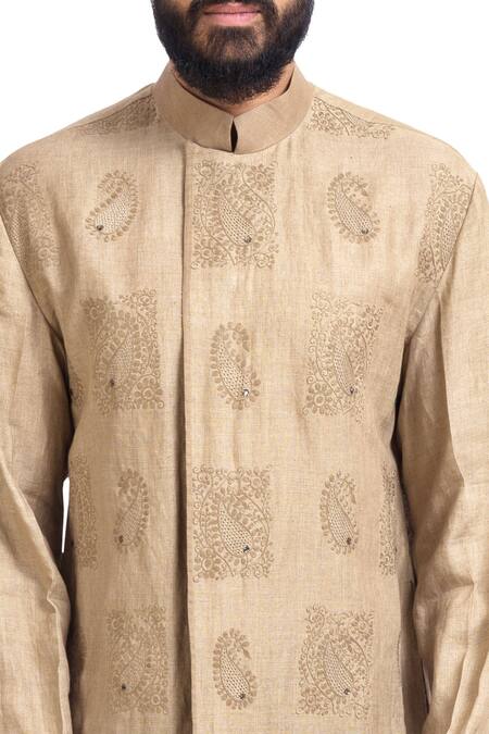 Poonam Kasera_Beige Linen Embroidered Paisley Motifs Kurta And Churidar_at_Aza_Fashions