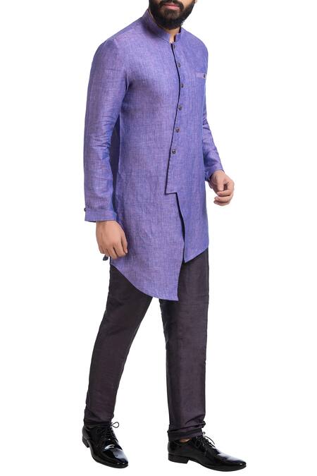 Poonam Kasera_Purple Linen Solid Asymmetric Kurta_Online_at_Aza_Fashions
