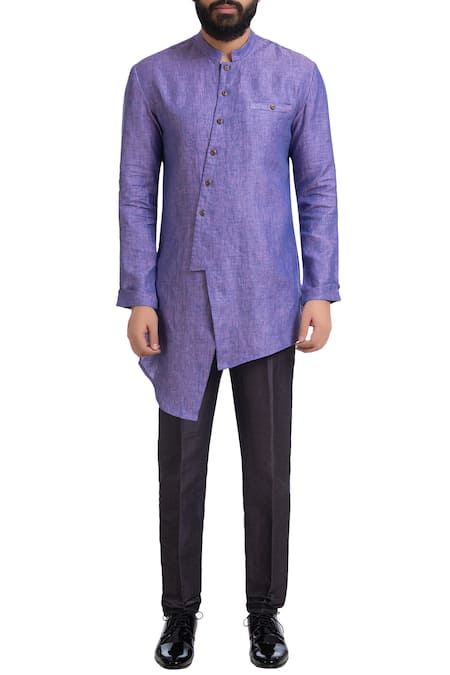 Shop_Poonam Kasera_Purple Linen Solid Asymmetric Kurta_Online_at_Aza_Fashions