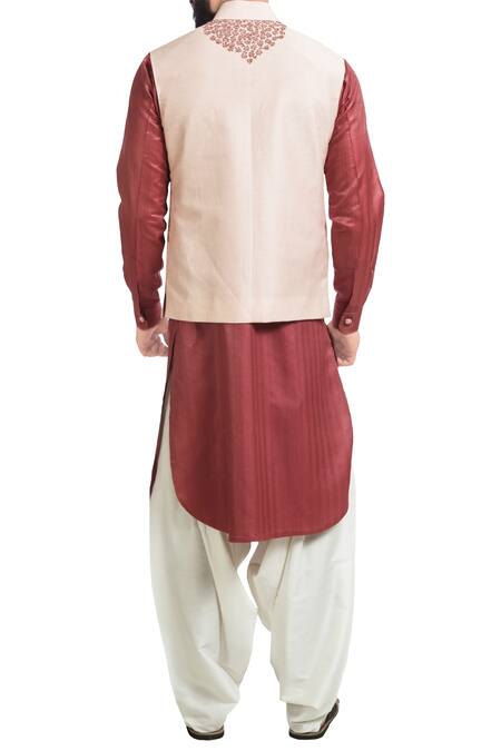 Shop_Poonam Kasera_Pink Muga Embroidered Nehru Jacket And Kurta Set_at_Aza_Fashions