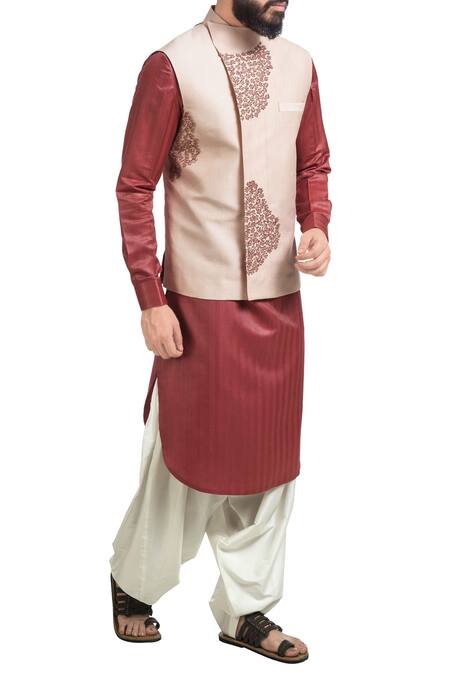 Poonam Kasera_Pink Muga Embroidered Nehru Jacket And Kurta Set_Online_at_Aza_Fashions