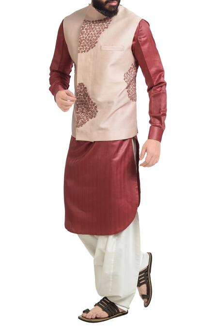 Buy_Poonam Kasera_Pink Muga Embroidered Nehru Jacket And Kurta Set_Online_at_Aza_Fashions