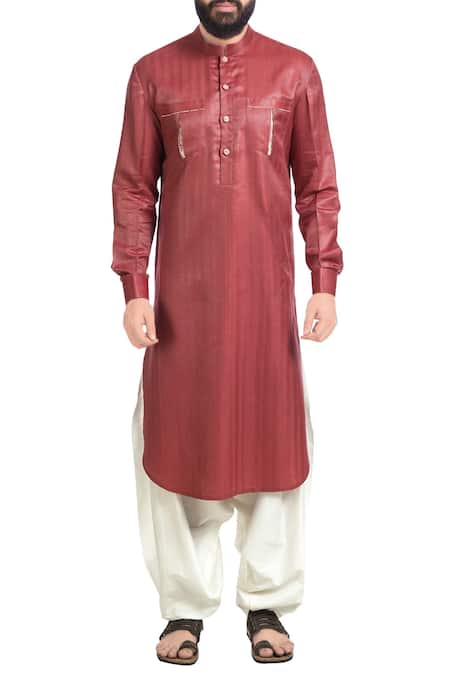 Shop_Poonam Kasera_Pink Muga Embroidered Nehru Jacket And Kurta Set_Online_at_Aza_Fashions