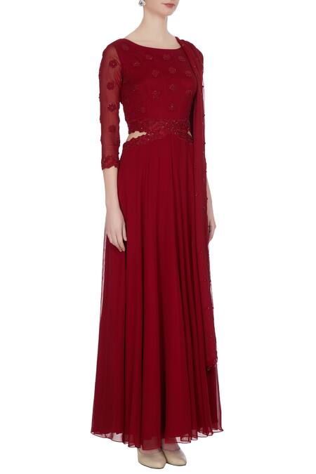 Roora By Ritam_Red Maroon Georgette And Chiffon Dori & Bead Work Anarkali Dress _Online_at_Aza_Fashions