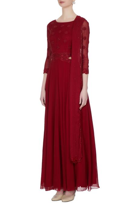 Buy_Roora By Ritam_Red Maroon Georgette And Chiffon Dori & Bead Work Anarkali Dress _Online_at_Aza_Fashions