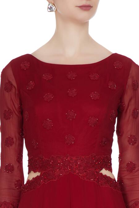 Roora By Ritam_Red Maroon Georgette And Chiffon Dori & Bead Work Anarkali Dress _at_Aza_Fashions