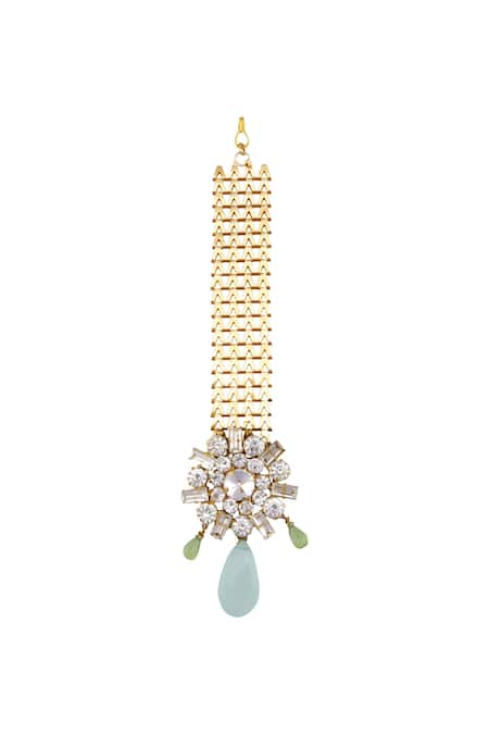 Ae-Tee Gold plated swarovski crystal maangtikka with mint green drops 