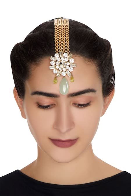 AE-Tee Gold plated swarovski crystal maangtikka with mint green drops 
