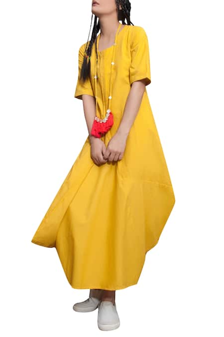 Bohame Yellow Cotton Plain Round Asymmetric Dress For Women
