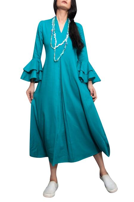 Bohame Blue Cambric Plain V Neck Bell Sleeve Dress For Women