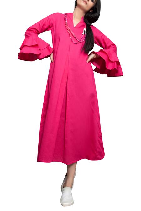 Bohame Pink Cambric V Neck Midi Dress For Women