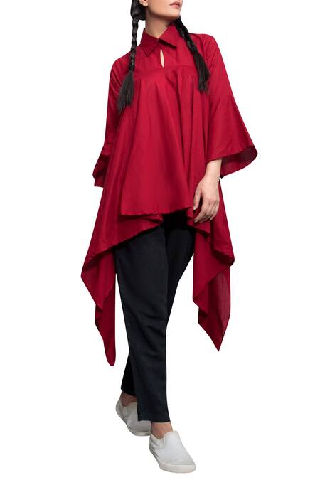 Bohame_Maroon Cotton Shirt Collar Asymmetrical _Online_at_Aza_Fashions
